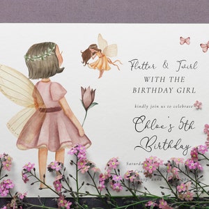 May include: A watercolor illustration of a fairy with pink wings and a pink dress. The fairy is holding a flower and is surrounded by pink flowers. The text "Flutter & Twirl with the Birthday Girl" is written in cursive on the right side of the image. The text "Chloe's 5th Birthday" is written in cursive below the first text.