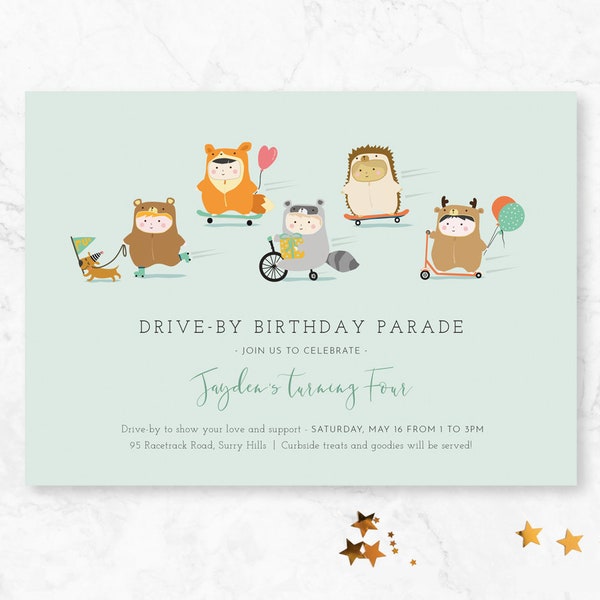 Woodlands Drive By Parade, Drive By Boys Birthday, Boys Drive by Parade, Woodland Animals, Honk and Wave Drive By Boys Invite, modern simple