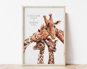 Safari Giraffe Birth announcement, Siblings Twins Birth Stats, Personalised Family Portrait, Nursery Decor Baby Shower Christening baby gift