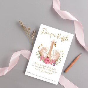 Schwan Windel Raffle Karten, Baby Shower Windel Raffle Insert Card, Sweet Blumen Schwan Rosa Gold, Schwan Thema Baby Shower Windel Raffle Card M002