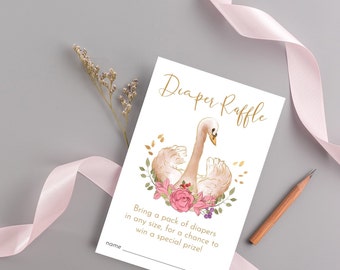 Swan Diaper Raffle Cards, Baby Shower Diaper Raffle Insert Card, Sweet Floral Swan Pink Gold, Swan Theme Baby Shower Diaper Raffle Card M002