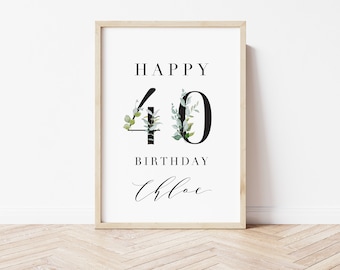 Fortieth Birthday Party Decor | 40th Birthday Welcome Sign | Modern Greenery | Minimalistic Floral Greenery 40th Birthday Decorations | M045