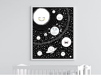 Solar System Kids Printable, Black White Space, Space Nursery Print, Scandinavian Wall Art, Minimalist kids art, Solar System, Space Room
