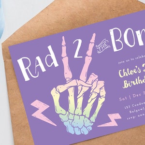 Rad TWO the Bone Birthday Invite, Girls 2nd Birthday Editable, Rainbow Skeleton Hand, Bad 2 the Bone Halloween Birthday, DIY Download M086