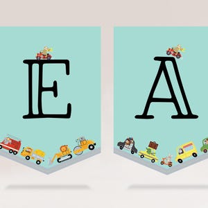 Transporte Carros Caminhões Cartões de Aniversário Bandeirinhas, Bonitos Caminhões Carros Guirlanda Banner, Nome Personalizado Banner Editável Baixar Modelo m120