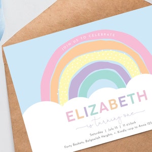 May include: A pastel rainbow with white clouds and the text "JOIN US TO CELEBRATE ELIZABETH is turning one" on a light blue background. The text below the rainbow says "Saturday July 15 11 o'clock Forty Baskets, Balgowlah Heights. Kindly rsvp to Anna 123-456-789".