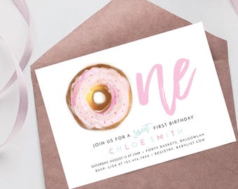 Donut First Birthday Invite girl, doughnut party, sweet ONE donut party, Girls 1st birthday, sweet pink donut, modern DIGITAL DOWNLOAD M007