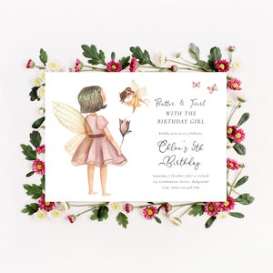 May include: A white invitation card with a watercolor illustration of a fairy with pink wings and a pink dress. The text on the card reads "Flutter & Jaurl with the Birthday Girl Chloe's 5th Birthday Saturday | October 5th | 3 o'clock 123 Condamine Street, Balgeelah RSVP: 0412 345 678"