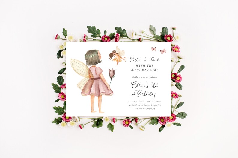 May include: A white invitation card with a watercolor illustration of a fairy with pink wings and a pink dress. The text on the card reads "Flutter & Jaurl with the Birthday Girl Chloe's 5th Birthday Saturday | October 5th | 3 o'clock 123 Condamine Street, Balgeelah RSVP: 0412 345 678"