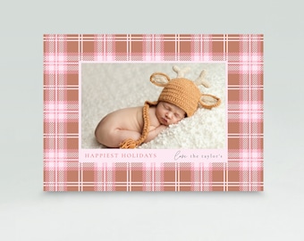 Christmas Photo Card, Holiday Photo Card Template Tartan Plaid XMas Card, Minimalistic Holiday Photo Card Editable Template INSTANT DOWNLOAD