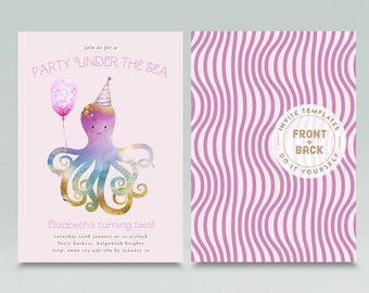 Under the sea Birthday Invitation, octopus Invite, Editable Party Invite, Summer Party, Pool Birthday, Under The Sea Party, INSTANT DOWNLOAD