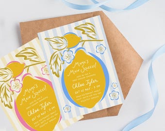 Main Squeeze Babypartyeinladung, Mama's Main Squeeze, gestreifter, handgezeichneter italienischer Zitronen-Baby-Brunch digitale PDF-Vorlagen-Download