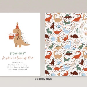 May include: A printable dinosaur-themed birthday invitation featuring a cartoon dinosaur holding a cake. The invitation reads "STOMP ON BY Jayden is turning One" and includes details for the party. The back of the invitation features a pattern of colourful dinosaurs.