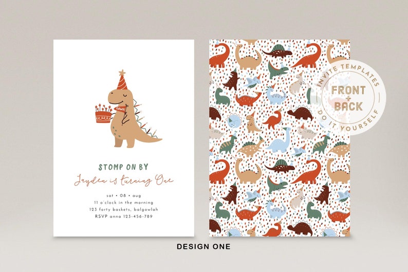 May include: A printable dinosaur-themed birthday invitation featuring a cartoon dinosaur holding a cake. The invitation reads "STOMP ON BY Jayden is turning One" and includes details for the party. The back of the invitation features a pattern of colourful dinosaurs.