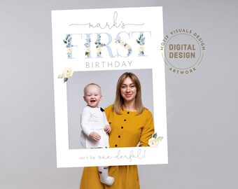 Primo oggetto fotografico per ragazzi, cabina fotografica di compleanno, cornice per cabina fotografica ragazzo, cornice per selfie, cornice per foto primo compleanno per ragazzi, uno floreale blu argento