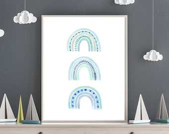 Rainbow Print, Blue Hue Rainbow, Boys Nursery Wall Art, Boys Room Printable, Watercolor Rainbow minimalist simple, wall print, wall decor