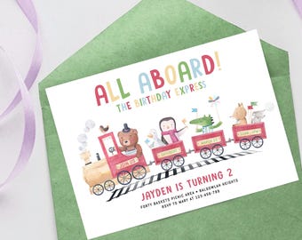 Train Birthday Invite, All Aboard Birthday Train, Cute Animals, Choo Choo, Kids Birthday Invite, Chugga Chugga Two, Digital Instant Download