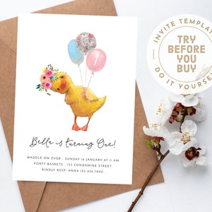 Duck Invite | Birthday Party Invite Girl Digital Template | Modern Duck Floral balloons | Minimalistic Cute Duckling | INSTANT DOWNLOAD M027