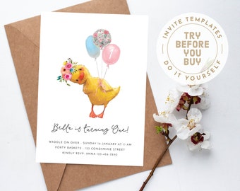 Duck Invite | Birthday Party Invite Girl Digital Template | Modern Duck Floral balloons | Minimalistic Cute Duckling | INSTANT DOWNLOAD M027