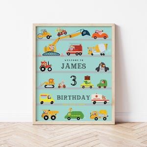 May include: A blue and yellow birthday poster with a construction theme. It says "Welcome to James 3 Birthday". There are many different construction vehicles on the poster, including a bulldozer, a cement mixer, a fire engine, and a police car.