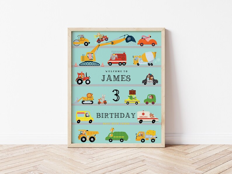 May include: A blue and yellow birthday poster with a construction theme. It says "Welcome to James 3 Birthday". There are many different construction vehicles on the poster, including a bulldozer, a cement mixer, a fire engine, and a police car.