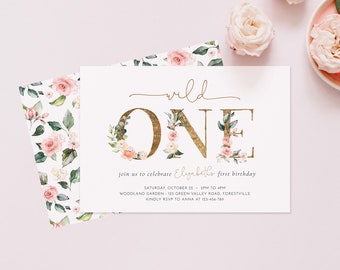 Wild One First Birthday Invite, First Birthday Party Invite Girl, Editable TEMPLATE birthday, gold pink floral digital Instant DOWNLOAD M030