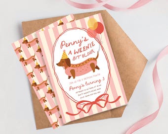 Uitnodiging voor een verjaardag met een teckel en hotdogthema (ook wel bekend als "She's a Weenie Bit Older"), verjaardagskaart voor een hond, roze en rode lint zomerfeest, bewerkbare digitale download.