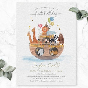1st Birthday Baptism Invite, Noahs Arc, Birthday Baptism invite, Christening Dedication, Noahs Arc Animal, Girl Boy Baptism First  | M059