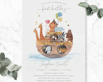 1st Birthday Baptism Invite, Noahs Arc, Birthday Baptism invite, Christening Dedication, Noahs Arc Animal, Girl Boy Baptism First  | M059