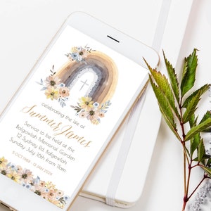 May include: A digital memorial card with a watercolor rainbow and floral design. The text reads "celebrating the life of Summer James" and includes service details. The dates "5 OCT 1988 - 13 JAN 2024" are also included.