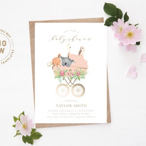 Australian Animal Baby Shower Invite Girl | Editable Girl Baby Shower | Minimalist Shower Floral Pram Koala Kangaroo | INSTANT DOWNLOAD