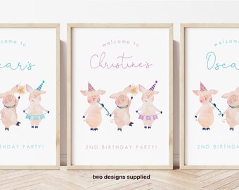 May include: Two printable signs for a 2nd birthday party. The signs feature watercolor illustrations of three pink pigs wearing party hats and holding party favors. One sign says "Welcome to Oscar's 2nd Birthday Party!" and the other sign says "Welcome to Christine's 2nd Birthday Party!"