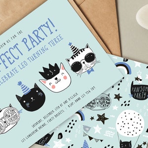 Cat Birthday Invite, Cool Cats Purrfect Pawty, Cat Party, Cat themed Party, Cute Cats Boys Birthday DIY Editable Template Digital Download