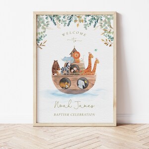 Noah&#39;s Ark Baptism Welcome Sign, Christening Baptism, Noah&#39;s Ark Cute Safari Animals, Minimalistic Religious Celebration, Welcome Sign m047