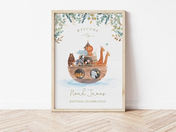 Noah's Ark Baptism Welcome Sign, Christening Baptism, Noah's Ark Cute Safari Animals, Minimalistic Religious Celebration, Welcome Sign m047