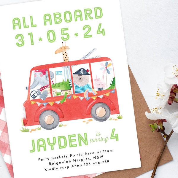 All Aboard Birthday Invite, Red Bus Safari Animal Birthday Party Invitation, Wheels on the Bus, Fun Party Animals Editable Digital Download