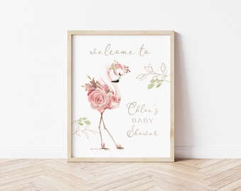 Flamingo Baby Shower Welcome Signage | Baby Sprinkle Party Decor | Minimalist Modern | Flower Pink Gold | Summer Shower | Pink flamingo M063