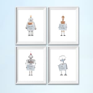 Robot Prints, Boy Name Print, Robot Artwork, Modern Friendly Robots, Boys Room Nursery Decor, Dream Big Wall Art, Custom Name Print, m122