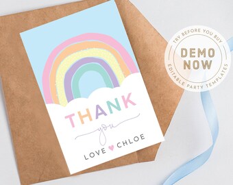 May include: A pastel rainbow with a white cloud and the text "THANK you LOVE CHLOE" on a light blue background. This is a printable thank you card.
