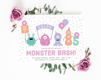May include: A colorful invitation for a child's 5th birthday party. The invitation features a pink, purple, green, and orange monster with the text "Chloe's Monster Bash!" and the date "Sat May 17".