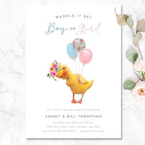 Waddle it Be, Gender Reveal Baby Shower, Gender Reveal Invite, Duckling Invitation, Blue Pink Balloons, Baby Shower Floral yellow Duck, M022