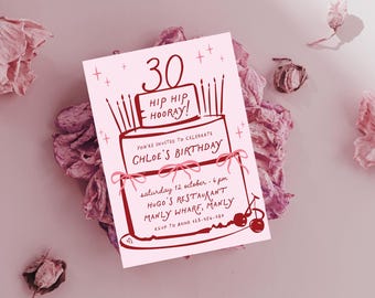30th Birthday Invitation Hand-drawn Coquette Cherry Cake Pink Bows, Retro Whimsical Illustrated Cake 30th Birthday Invite Editable Template
