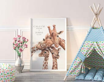 Giraffen-Geburtsanzeige, Geburtsanzeige für Geschwister, Zwillinge, personalisiertes Familienporträt, Giraffen-Kinderzimmerdekor, Babyparty, Babygeschenk