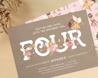 Fairy Birthday Party Editable template, Fairy Party Invite Girls Fourth Birthday, Fairy Theme, Girls 4th Birthday Invite, INSTANT DOWNLOAD