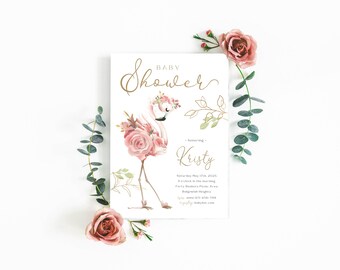 Flamingo Baby shower | Girls Baby Shower Invitation | Floral Pink Flamingo | Modern Floral Pink Baby Sprinkle | Pretty Pink Flamingo M063