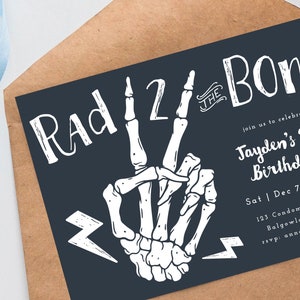 Bad TWO the Bone Birthday Party Editable Invite, Boys 2nd Birthday Halloween Birthday Template, Skeleton Hand Digital Instant Download M086