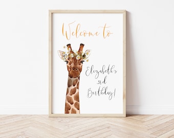 Giraffe welkomstbord sjabloon, bewerkbaar feestbord meisjes BDay, safari dier verjaardagsfeestje teken giraf, feestdecor Instant Download M095