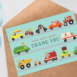 Cars Trucks Birthday Party Thank You Card, Transportation Theme, Cute Truck Cars Boys Birthday Party Editable INSTANT DOWNLOAD Template m120