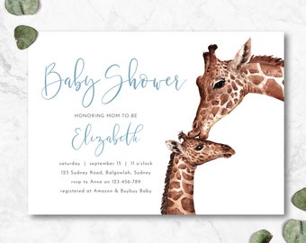 Giraffe Baby Shower Invitation, Boy Baby Shower, Baby Animal, Safari Baby Shower, Baby Giraffe and Mother, Kissing Love Modern Minimal, M031