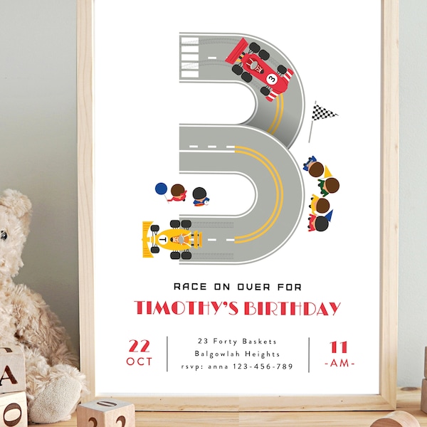 Transportation Birthday Invite, Modern Racing Car, Boy Third Birthday Invitation, Racing Car Editable Printable Invite, INSTANT DOWNLOAD